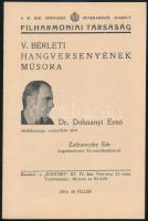 1934 A Filharmóniai Társaság V. bérleti hangversenyének műsora, Dr. Dohnányi Ernő és Zathureczky Ede közreműködésével, 14p