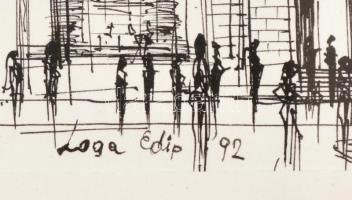 Loga Edip (?-): Főtér a templommal. Tus, papír, üvegezett hibás keretben, 17,5×20,5 cm