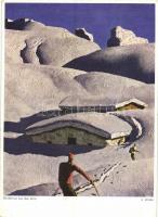 Skifahrer bei der Alm. Verlag Alfons Walde, Kitzbühel, Tirol s: Alfons Walde