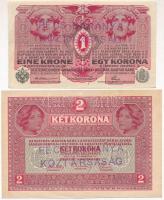 1916. 1K + 1917. 2K mindkettő hamis Pécs-Baranya Köztársaság felülbélyegzéssel (fake overprint) T:II,III
