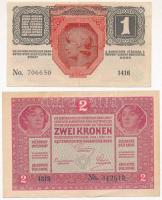 1916. 1K + 1917. 2K mindkettő hamis "Pécs-Baranya Köztársaság" felülbélyegzéssel (fake ove...