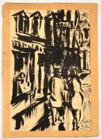 Élesdy István (1912-1987): Séta az utcában. Tus, papír, jelzett, 30×20 cm