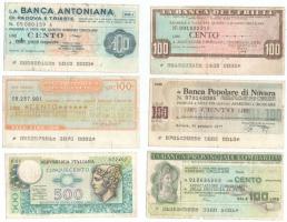 Olaszország 1974. 500L + 1976-1977. 5db csekk, mind különféle kiadás, 100L értékben T:III,III-  Italy 1974. 500 Lire + 1976-1977. 5pcs of cashiers cheques, all of them are different issues, worth 100 Lire C:F,VG