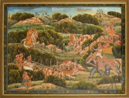 Jelzés nélkül: Tigrisvadászat, festett selyemkép, üvegezett fa keretben, 49×67,5 cm