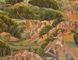 Jelzés nélkül: Tigrisvadászat, festett selyemkép, üvegezett fa keretben, 49×67,5 cm