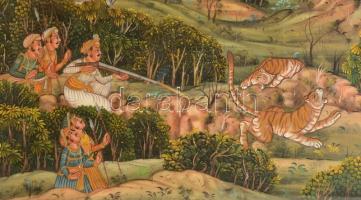 Jelzés nélkül: Tigrisvadászat, festett selyemkép, üvegezett fa keretben, 49×67,5 cm