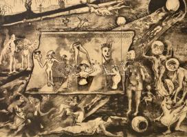 Olvashatatlan jelzéssel: Bábszínház, rézkarc, papír, üvegezett fa keretben, 36×49 cm