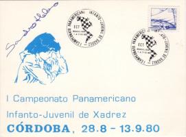Brazília: 1980. évi pánamerikai sakkbajnokság lapja győztesének aláírásával két sakkbélyegzéssel