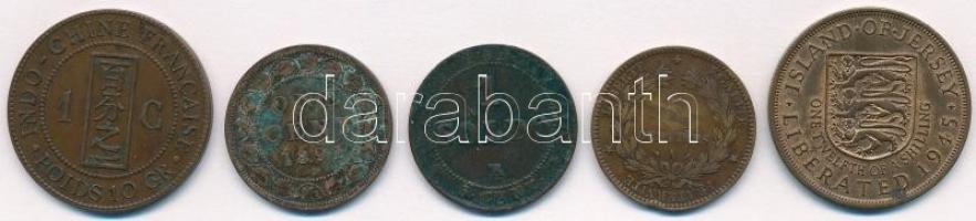 5db klf réz- és bronzpénz, érdekesebb darabokkal, közte Francia Indokína 1892A 1c Br; Kanada 1891. 1...