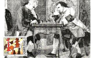 Sakkozókat ábrázoló képeslap E.Meissonier festménye után, sakkbélyeggel és bélyegzéssel