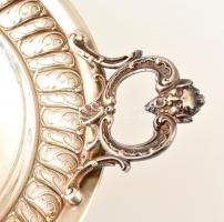 Dekoratív ezüstözött alpakka kínáló, pótolt fülekkel, d: 23 cm