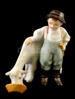 Zsolnay kisfiú kecskével, kézzel festett, nagyon apró lepattanással, m: 16,5 cm, h: 21,5 cm