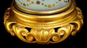 cca 1890 Zsolnay porcelán lámpa Moderateur olajégővel Dietmar réz égőfejjel, kézzel festett reneszán...