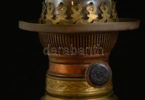 cca 1890 Zsolnay porcelán lámpa Moderateur olajégővel Dietmar réz égőfejjel, kézzel festett reneszán...