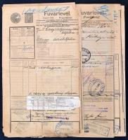 1918-1920 5 db 1K 20f bélyegjegyű teheráru fuvarlevél: 1 db magyar, 3 db magyar-német, 1 db magyar-horvát-német nyelven