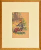 Olvashatatlan jelzéssel: Ifjú katona. Litográfia-akvarell, papír, üvegezett keretben, 22×14 cm