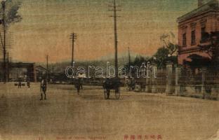Nagasaki, Bund of Ohura, street. Thin wooden postcard (EK)