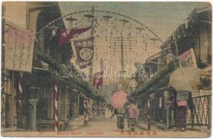 Nagasaki, Kajiya-Machi, street, shops. Thin wooden postcard (EK)