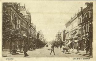 Bucharest, Bukarest, Bucuresti; Boulevard Elisabeth / street view, tram, shops - from postcard booklet (glue mark)