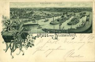 1898 (Vorläufer!) Düsseldorf, Neuer Rheinhafen zu Düsseldorf / harbor, port, steamships. Lith. Kunstanstalt Carl Gartz. Art Nouveau, floral, litho (EK)