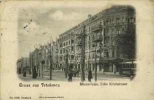 Berlin, Friedenau, Rheinstrasse, Ecke Kirchstrasse / street view, café, shops, tram. Verl. v. S. & G. Saulsohn No. 1030. Dessin 2. (Rb)