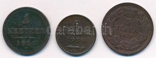 3db klf réz- és bronzpénz, közte 1851B 1kr Cu, San Marino 1935R 5c Br T:1-,2-