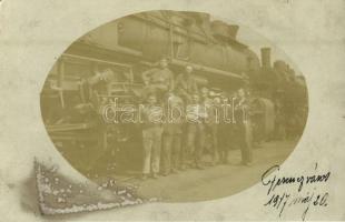 1917 Budapest IX. Ferencváros (?), magyar vasutas katonák gőzmozdony előtt / WWI K.u.K. (Austro-Hungarian) railway soldiers in front of a locomotive. photo (fl)