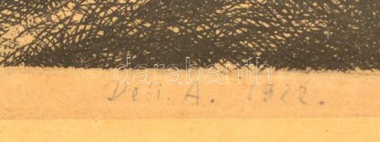 Deli Antal (1886-1960): Istállóban. Rézkarc, papír, jelzett, üvegezett keretben, 16×20 cm