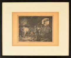 Deli Antal (1886-1960): Istállóban. Rézkarc, papír, jelzett, üvegezett keretben, 16×20 cm