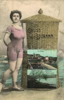 1907 Lovran, Lovrana, Laurana; Gruss aus... Der Hafen, Panorama der Österreichischen Riviera / Austrian riviera, port. montage with lady in bathing suit