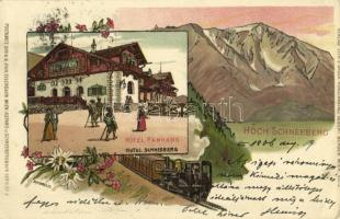 1906 Hochschneeberg, Hotel Panhans, Hotel Schneeberg, Lokomotiv / hotels and locmotive. Postkarte der K.k. Eisenbahn Wien-Aspang-u.-Schneebergbahn Serie No. 2. Art Nouveau, floral, litho (EK)