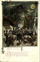 1907 Bolzano, Bozen (Südtirol); Batzenhäusl / Humorous drunk art postcard at night. Art Nouveau + Hátoldalon, Kallós Bertalan államtitkárnak, a Martinovics szabadkőműves páholy egykori nagymesterének címezve (EK)