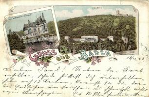 1896 (Vorläufer!!!) Baden bei Wien, Villa Erzherzog Wilhelm, Schloss Weilburg / villa, castle. Schneider & Lux No. 14. Art Nouveau, floral, litho (EK)