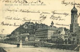1906 Graz, Erzherzog Franz Carl Brücke / bridge, Quaker Oats advertisement, shops