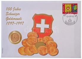 Svájc 1897B 20Fr Au Helvetia aranyérme felbélyegzett borítékban, bélyegzéssel (~6,45g/0.900) T:1,1- Switzerland 1897B 20 Francs Au Helvetia gold coin in envelope with stamp and cancellation (~6,45g/0.900) C:UNC,AU