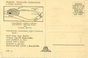 Budapest XXII. Budafok, Kutyavilla halászcsárda a Duna mentén, terasz, belső étterem, reklámlap (EK)