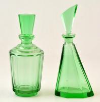 2 db zöld üveg kiöntő, dugóval, kis hibákkal, m: 20 cm