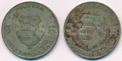 1947. 5Ft Ag "Kossuth" (2x) T:2-,3 patina 
Adamo F8.1