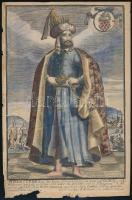 cca 1685 Avrengzebe, roy des Indes Orientales, Aurangzeb mughal uralkodó, színezett rézmetszet, François Jollain, szélein sérült, 28×18,5 cm