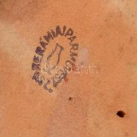 Bodrogkeresztúri cica figura, kézzel festett mázas kerámia, apró kopásnyomokkal, m: 11 cm