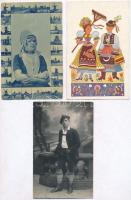 9 db régi magyar és külföldi népviselet motívumlap, közte fotók / 9 pre-1945 Hungarian and Worldwide folklore motive cards, folk costumes, including photos