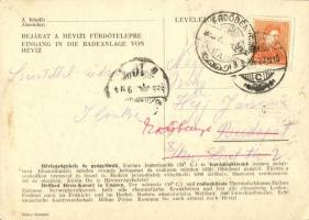 1935 Hévíz, bejárat a hévízi fürdőtelepre, Gondűző vendéglő és borozó, üzletek, reklámlap