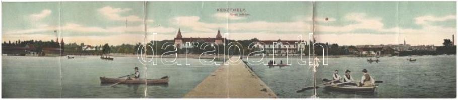 Keszthely, Fürdő látképe, evezős csónakok, Balaton és Hullám szállodák. Dr. Trenkler és Társa 1908. Kzy. 13. 3-részes kihajtható panorámalap (r)