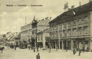 1925 Sopron, Várkerület, Dürböck szobafestő reklámja a házfalon, Lederer Testvérek üzlete, villamos. Kiadja Piri Dániel 788. (EB)