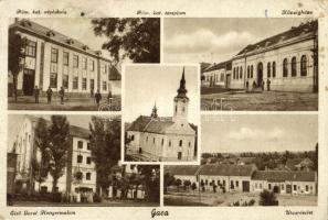 Gara, Római katolikus iskola és templom, Községháza, Első Garai Hengermalom, utcakép, üzlet (EK)