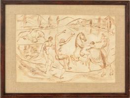Kernstok Károly (1873-1940): Lovasok a vízparton. Rézkarc, papír, jelzett a karcon, (körbevágva), restaurált, üvegezett keretben, 18,5×27 cm