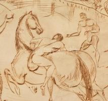 Kernstok Károly (1873-1940): Lovasok a vízparton. Rézkarc, papír, jelzett a karcon, (körbevágva), re...