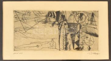 Hincz Gyula (1904-1986): Fekvő akt. Rézkarc, papír, jelzett, üvegezett keretben, 9×19,5 cm