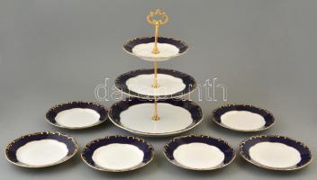 Zsolnay Pompadour emeletes süteményes készlet, kézzel festett, jelzett, apró kopásnyomokkal, m: 36 cm, d: 19 cm (6×)