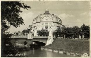 1943 Temesvár, Timisoara; Baile Neptun / Neptun (korábban Hungária) fürdő, híd, villamos, a hátoldalon román cenzúra / spa, bath, bridge, tram + Cenzurat-Timisoara